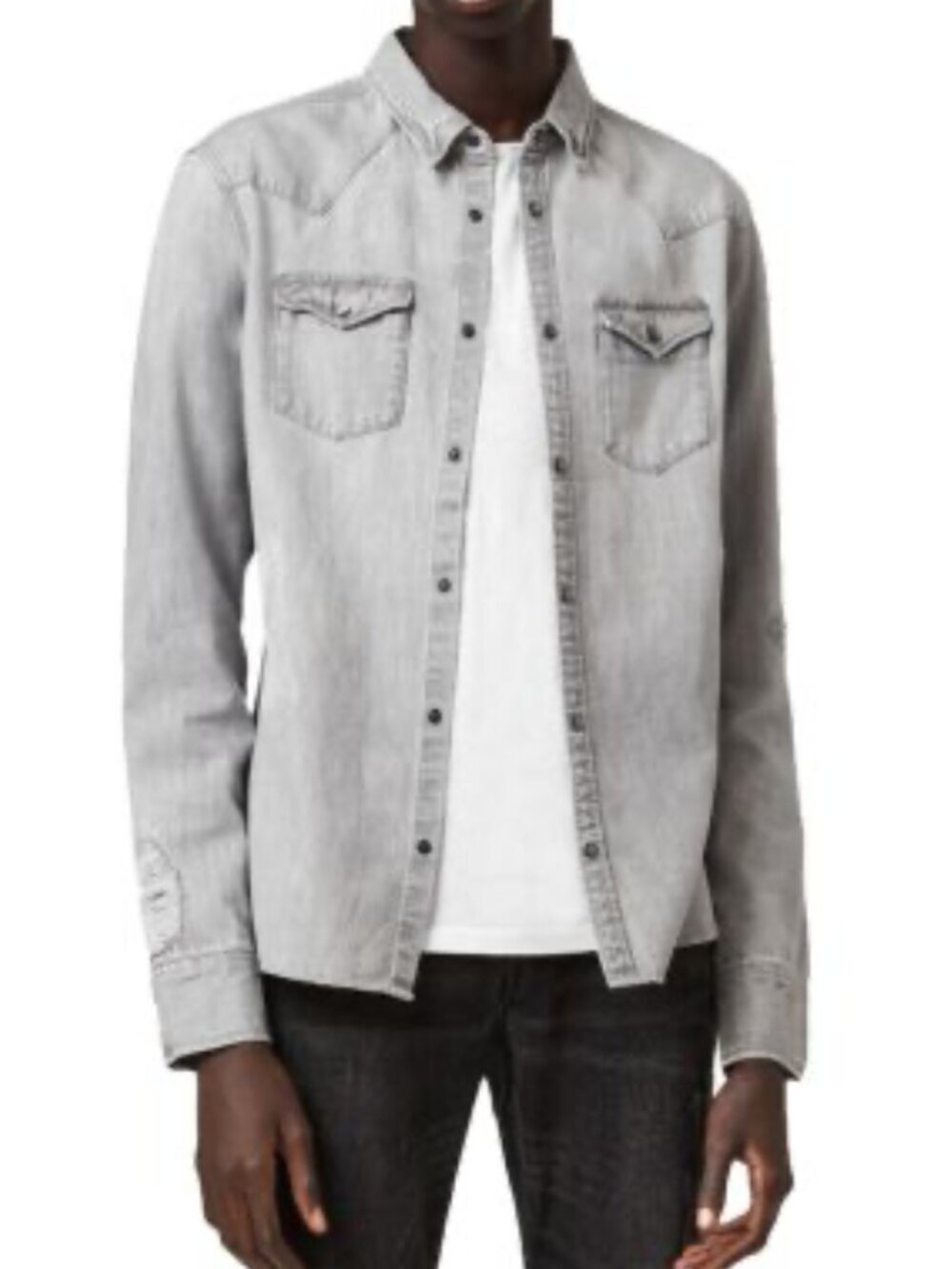 🌟 ALL SAINTS 🌟 MEN'S DRAYSON DISTRESSED DENIM SNAP FRONT SHIRT GRAY SZ M